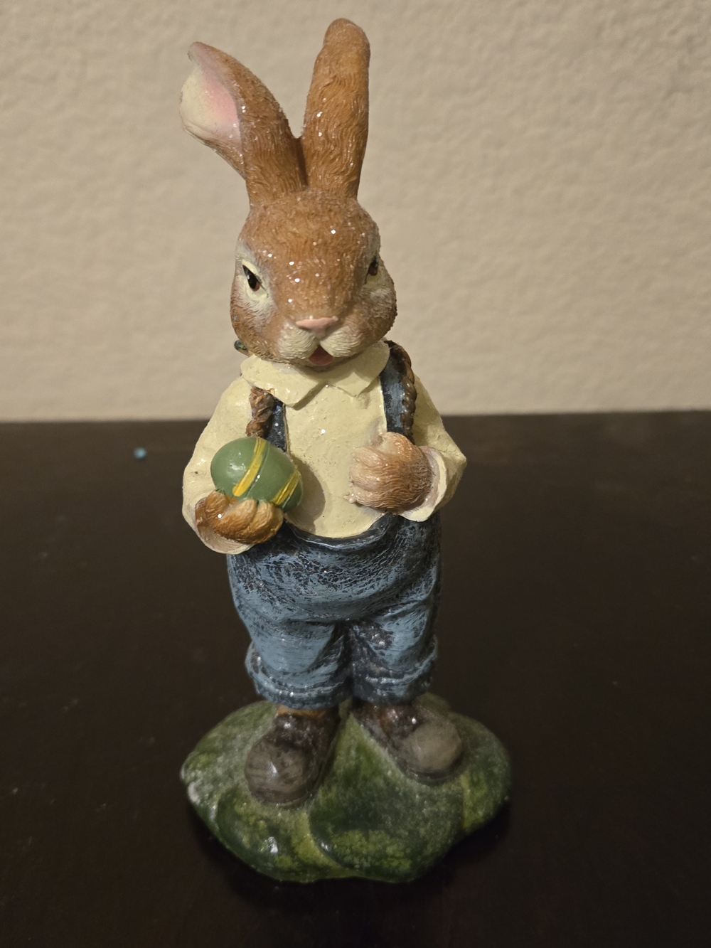 Whimsical Brown Bunny Figurine in Blue Overalls and Cream Shirt